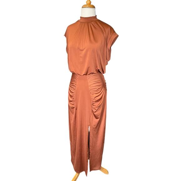 Revolve Krisa Dress Medium Mockneck Midi Slit on Leg Elegant Open Back Brown - Picture 6 of 13